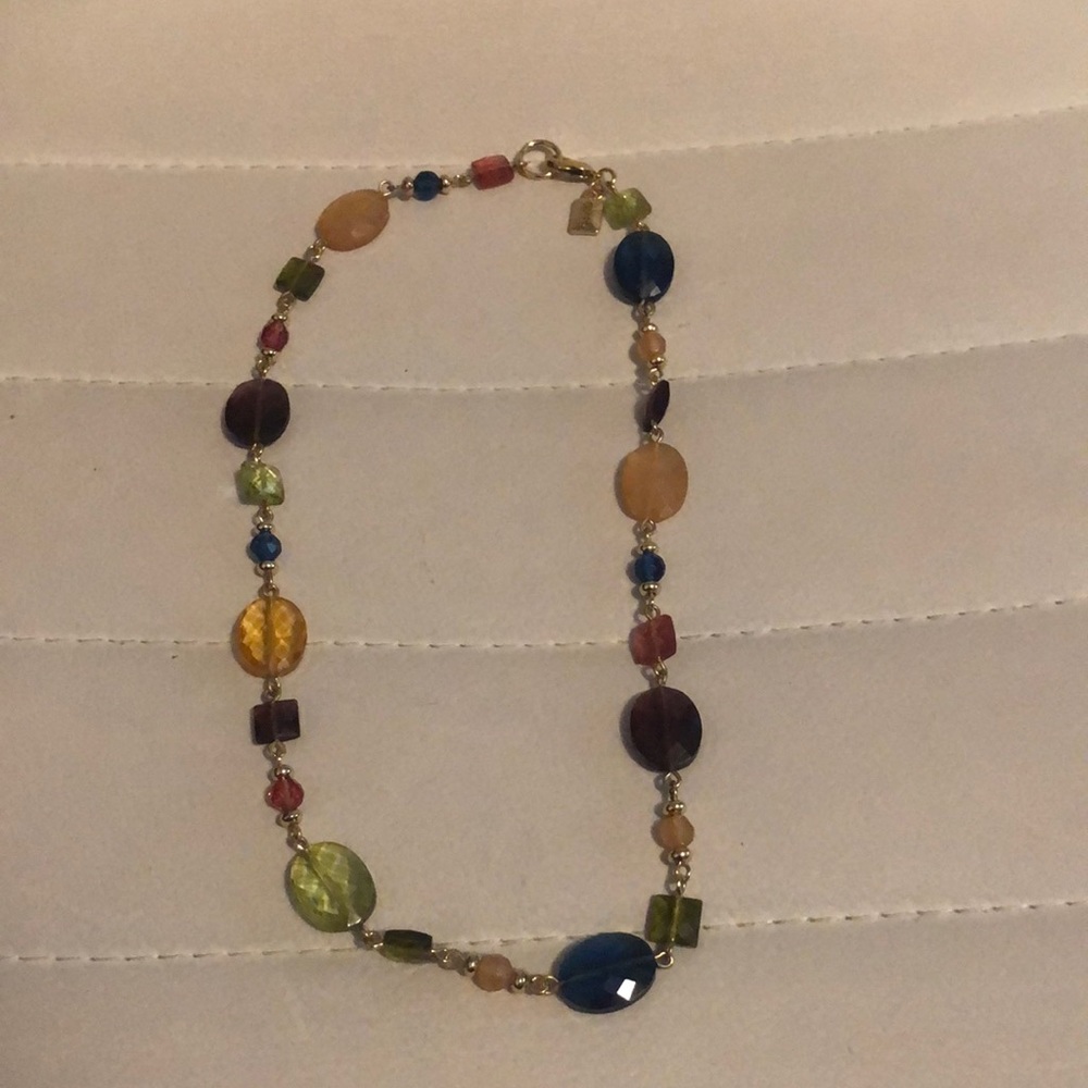 Multi colored necklace blue, purple, green, yellow with gold links